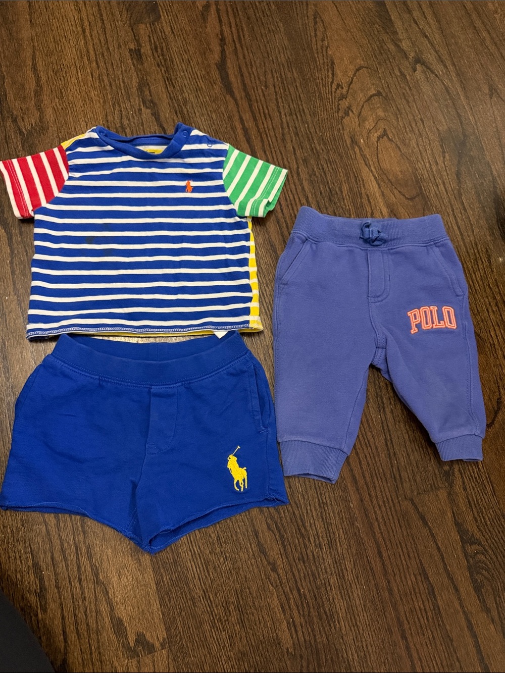 Polo by Ralph Lauren Multicolor Stripe Tee with Blue Shorts & Lilac Joggers